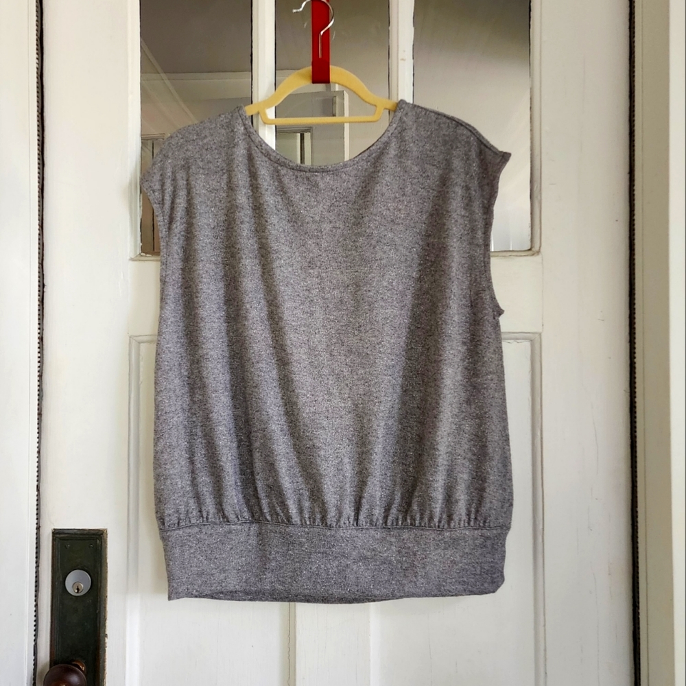Banana Republic Gray Metallic Short Sleeve Wrap Back Top,  Sz L